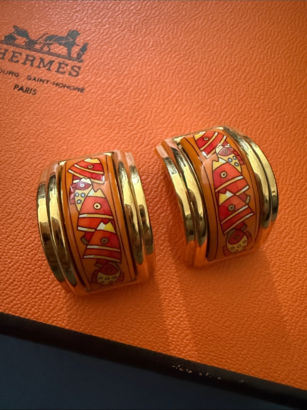 Hermes Gold and Orange Enamel and Metal Clip-on Earrings - Picture 8 of 8